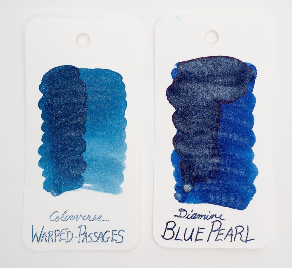 Ink swatches of Colorverse Warped Passages and Diamine Blue Pearl