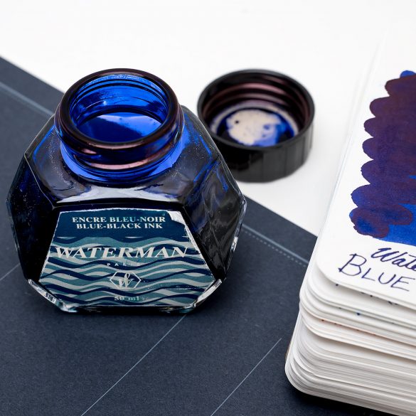 Waterman Blue-Black Ink bottle and swatch for review