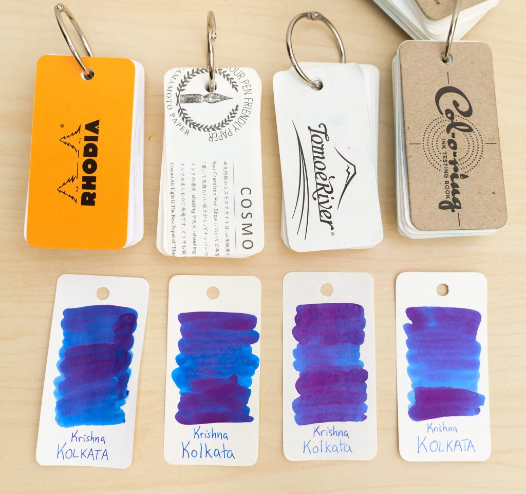 Krishna kolkata ink swatched on multiple papers