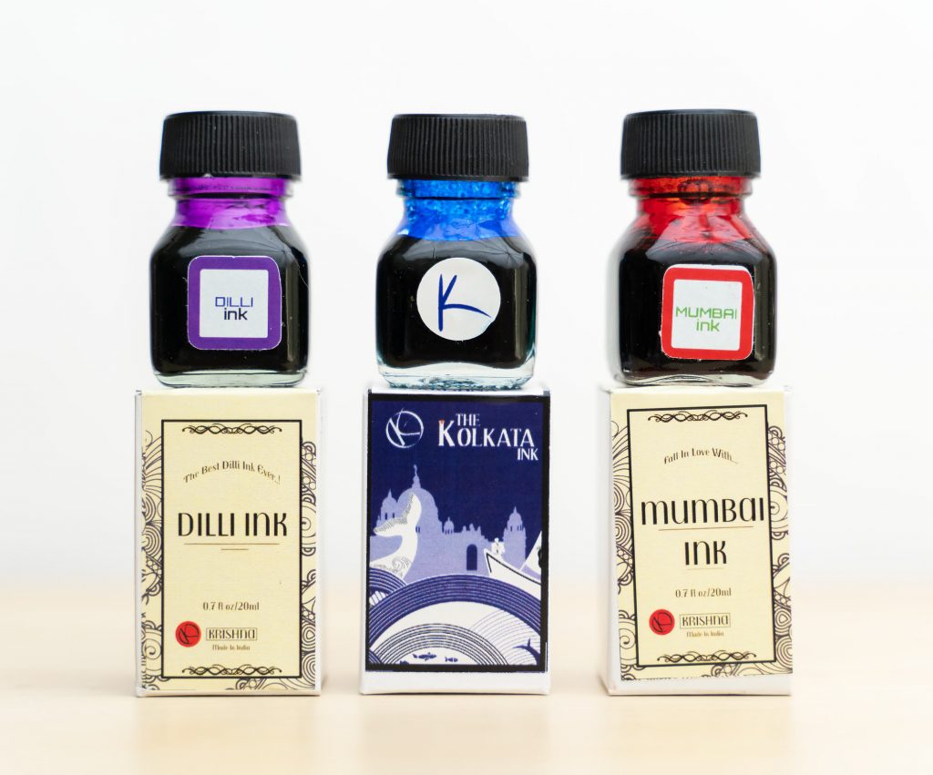 Krishna Kolkata ink bottle and box with Mumbai Ink bottle and Dilli Ink Bottle