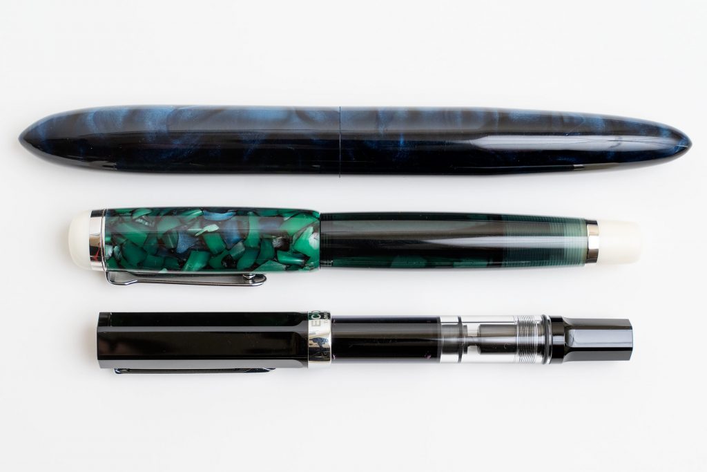Size comparison of Ranga 9B, Opus88 Omar, and TWSBI Eco from top to bottom.