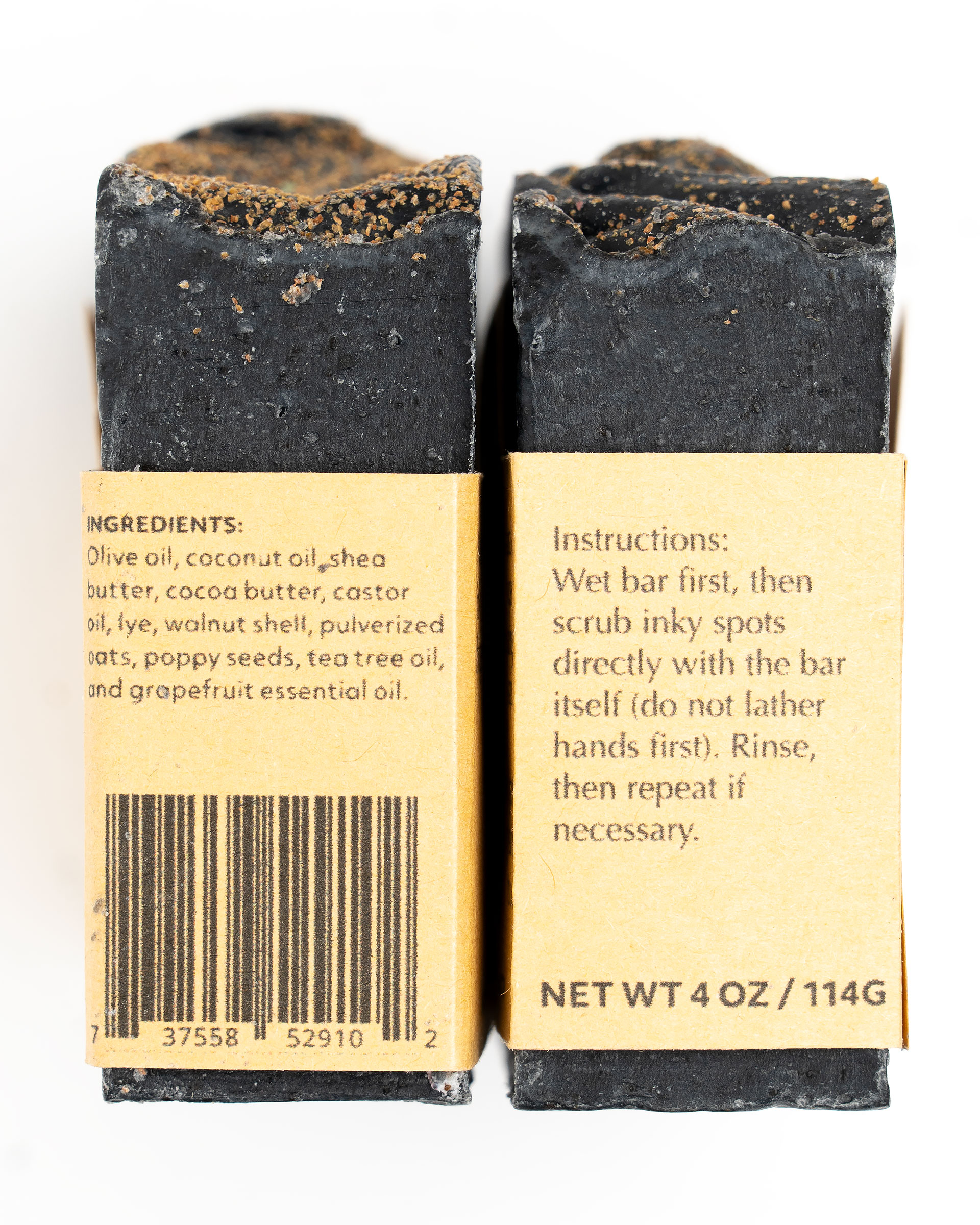 Dirty Jersey Ink Removal Soap Bar side labels with ingredients and instructions